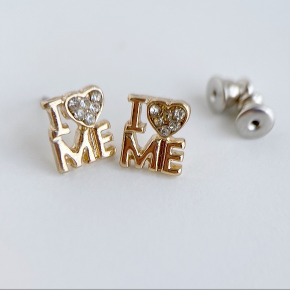 I Love Me Small Self Confidence Gold Tone Stud Earrings with hearts - Picture 2 of 12